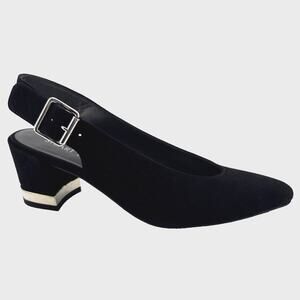 Stuart Weitzman Lamellamid Black Suede Slingback Block Heel Pumps Size 6.5 M EUC